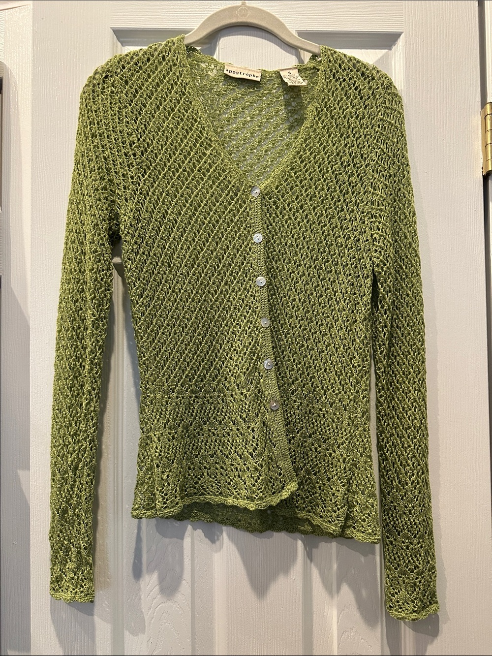 Vintage Olive Green Open-Knit V-Neck Cardigan